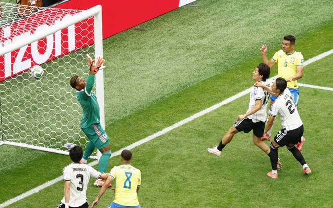 Football: 2026 World Cup Brazil s Casemiro (upper R) scores with a header in the second half of a World Cup round of 32 football match against Japan at Houston Stadium in Houston on June 29, 2026.  A14AA0005620728P