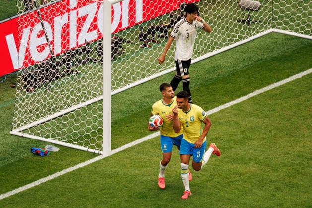 Bruno Guimaraes and Casemiro seen celebrating after scoring goal during FIFA World Cup, WM, Weltmeisterschaft, Fussball 2026 Round of 32 game between national teams of Brazil and Japan (Grzegorz Wajda Ball Raw Images) Houston Houston Stadium USA Copyright: xGrzegorzxWajdax grzegorzwajda_brazil_japan_2526_4-5