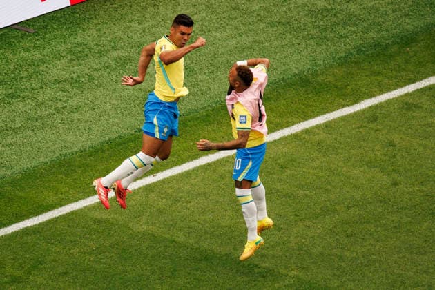 Casemiro and Neymar Jr. seen celebrating after scoring goal during FIFA World Cup, WM, Weltmeisterschaft, Fussball 2026 Round of 32 game between national teams of Brazil and Japan (Grzegorz Wajda Ball Raw Images) Houston Houston Stadium USA Copyright: xGrzegorzxWajdax grzegorzwajda_brazil_japan_2526_4-8
