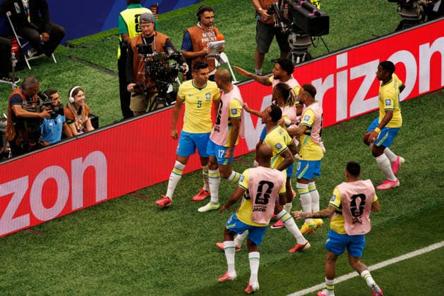 Casemiro and players of Brazil seen celebrating after scoring goal during FIFA World Cup, WM, Weltmeisterschaft, Fussball 2026 Round of 32 game between national teams of Brazil and Japan (Grzegorz Wajda Ball Raw Images) Houston Houston Stadium USA Copyright: xGrzegorzxWajdax grzegorzwajda_brazil_japan_2526_4-13