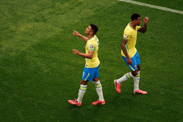 Casemiro seen celebrating after scoring goal during FIFA World Cup, WM, Weltmeisterschaft, Fussball 2026 Round of 32 game between national teams of Brazil and Japan (Grzegorz Wajda Ball Raw Images) Houston Houston Stadium USA Copyright: xGrzegorzxWajdax grzegorzwajda_brazil_japan_2526_4-21