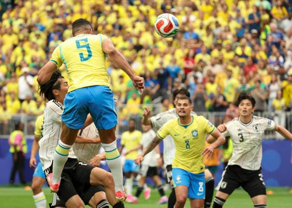 HOUSTON, TX - JUNE 29: Casemiro 5 of Brazil heads the ball toward the goal zone to score in the second half during the FIFA World Cup, WM, Weltmeisterschaft, Fussball 2026 Round of 32 match between Brazil and Japan on June 29, 2026 at Houston Stadium in Houston, Texas. (Photo by Leslie Plaza Johnson Icon Sportswire) SOCCER: JUN 29 FIFA World Cup 26 Round of 32 - Brazil v Japan EDITORIAL USE ONLY Icon260629030