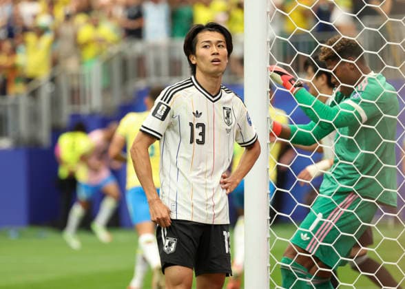 HOUSTON, TX - JUNE 29: Keito Nakamura 13 of Japan reacts as Brazil equalizes with a goal by Casemiro 5 of Brazil (not pictured) in the second half during the FIFA World Cup, WM, Weltmeisterschaft, Fussball 2026 Round of 32 match between Brazil and Japan on June 29, 2026 at Houston Stadium in Houston, Texas. (Photo by Leslie Plaza Johnson Icon Sportswire) SOCCER: JUN 29 FIFA World Cup 26 Round of 32 - Brazil v Japan EDITORIAL USE ONLY Icon260629032