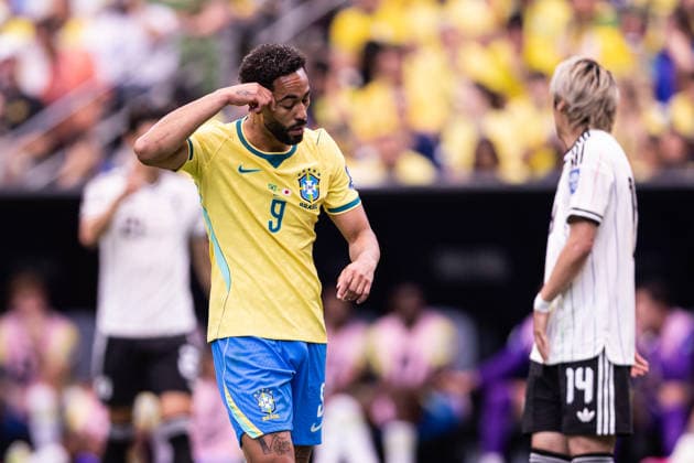 Brazil v Japan: round of 32 - FIFA World Cup, WM, Weltmeisterschaft, Fussball 2026 HOUSTON, TEXAS - JUNE 29: Matheus Cunha 9 of Brazil reacts during the FIFA World Cup 2026 round of 32 match between Brazil and Japan at Houston Stadium on June 29, 2026 in Houston, USA. (Photo by Victor Monteiro PxImages) Houston Houston Stadium Texas USA Copyright: xVictorxMonteirox
