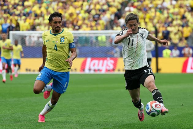 HOUSTON, TX - JUNE 29: Daizen Maeda 11 of Japan controls the ball while being pursued by Marquinhos 4 of Brazil during the FIFA World Cup, WM, Weltmeisterschaft, Fussball 2026 Round of 32 match between Brazil and Japan on June 29, 2026, at Houston Stadium in Houston, Texas. (Photo by David Buono Icon Sportswire) SOCCER: JUN 29 FIFA World Cup 26 Round of 32 - Brazil vs Japan EDITORIAL USE ONLY Icon260629049