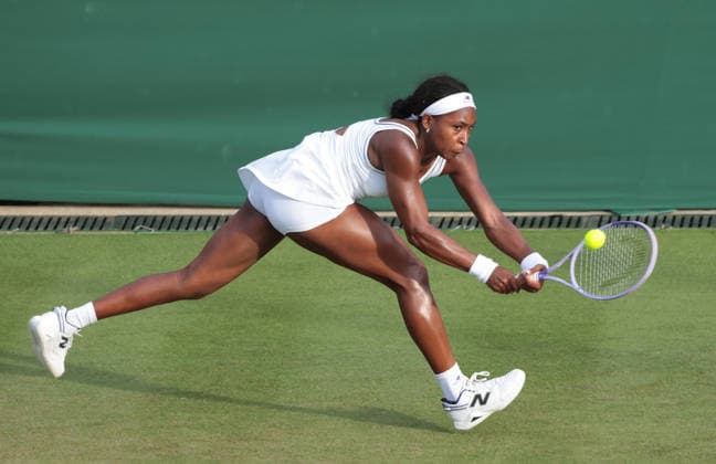 USA S Coco Gauff plays a backhand in her match against Germany s Tamara Korpatsch on day one of the 2026 Wimbledon Championships in London on Monday, June 29, 2026.  LON2026062952 HUGOxPHILPOTT