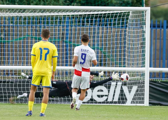 Bangor, Wales, 29th June 2026. Ivan Baric of Croatia scores their sides first goal during the Croatia U19 vs Ukraine U19 UEFA European U19 Championship match at Bangor City Stadium, Bangor. Picture credit should read: Cody Froggatt Sportimage EDITORIAL USE ONLY. No use with unauthorised audio, video, data, fixture lists, club league logos or live services. Online in-match use limited to 120 images, no video emulation. No use in betting, games or single club league player publications. SPI_008_CF_CROATIA_U19_V_UKRAINE_U19 SPI-4855-0007