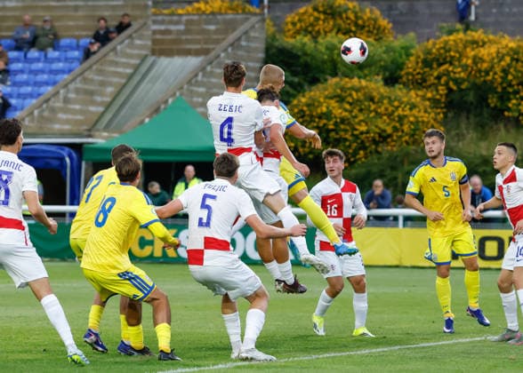 Bangor, Wales, 29th June 2026. Dmytro Bohdanov of Ukraine scores their sides first goal during the Croatia U19 vs Ukraine U19 UEFA European U19 Championship match at Bangor City Stadium, Bangor. Picture credit should read: Cody Froggatt Sportimage EDITORIAL USE ONLY. No use with unauthorised audio, video, data, fixture lists, club league logos or live services. Online in-match use limited to 120 images, no video emulation. No use in betting, games or single club league player publications. SPI_012_CF_CROATIA_U19_V_UKRAINE_U19 SPI-4855-0013