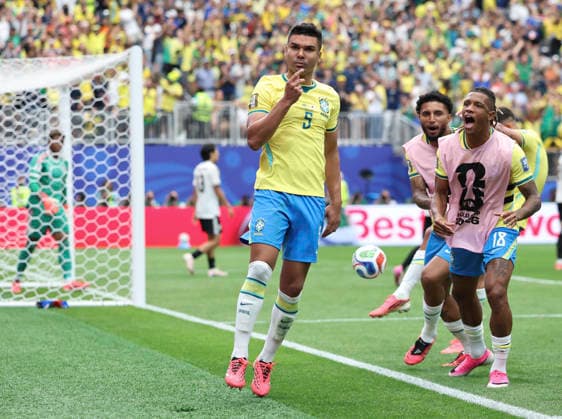 (260630) -- HOUSTON, June 30, 2026 -- Casemiro (1st L) of Brazil celebrates a goal with teammates during the round of 32 match between Brazil and Japan at the 2026 FIFA World Cup, WM, Weltmeisterschaft, Fussball at Houston Stadium in Houston, the United States, June 29, 2026. ) (SP)U.S.-HOUSTON-FOOTBALL-FIFA WORLD CUP-ROUND OF 32-BRA VS JPN LixMing 