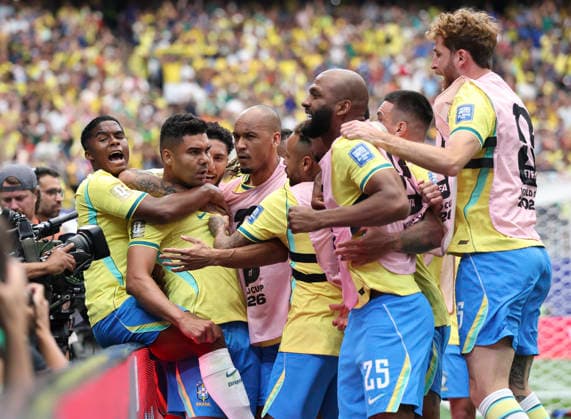 (260630) -- HOUSTON, June 30, 2026 -- Casemiro (2nd L) of Brazil celebrates a goal with teammates during the round of 32 match between Brazil and Japan at the 2026 FIFA World Cup, WM, Weltmeisterschaft, Fussball at Houston Stadium in Houston, the United States, June 29, 2026. ) (SP)U.S.-HOUSTON-FOOTBALL-FIFA WORLD CUP-ROUND OF 32-BRA VS JPN LixMing 