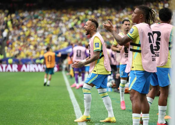 (260630) -- HOUSTON, June 30, 2026 -- Neymar (C) of Brazil celebrates a goal during the round of 32 match between Brazil and Japan at the 2026 FIFA World Cup, WM, Weltmeisterschaft, Fussball at Houston Stadium in Houston, the United States, June 29, 2026. ) (SP)U.S.-HOUSTON-FOOTBALL-FIFA WORLD CUP-ROUND OF 32-BRA VS JPN LixMing 