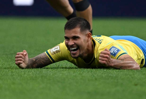 (260630) -- HOUSTON, June 30, 2026 -- Bruno Guimaraes of Brazil celebrates a goal during the round of 32 match between Brazil and Japan at the 2026 FIFA World Cup, WM, Weltmeisterschaft, Fussball at Houston Stadium in Houston, the United States, June 29, 2026. ) (SP)U.S.-HOUSTON-FOOTBALL-FIFA WORLD CUP-ROUND OF 32-BRA VS JPN XiaoxYijiu 