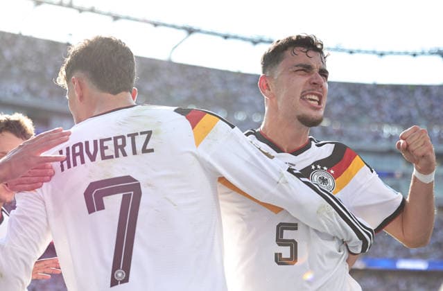 June 29, 2026, Foxborough, Massachusetts, USA: Germany midfielder Aleksandar Pavlovic (5) and Germany forward Kai Havertz (7) celebrate after Havertz scored during the June 29th FIFA World Cup, WM, Weltmeisterschaft, Fussball 2026 matchup between Germany and Paraguay at Gillette Stadium in Foxborough, Massachusetts. Foxborough USA - ZUMAs325 20260629_zsp_s325_004 Copyright: xJessxStilesx