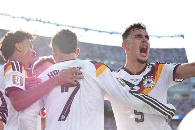 June 29, 2026, Foxborough, Massachusetts, USA: Germany midfielder Aleksandar Pavlovic (5) and Germany forward Kai Havertz (7) celebrate after Havertz scored during the June 29th FIFA World Cup, WM, Weltmeisterschaft, Fussball 2026 matchup between Germany and Paraguay at Gillette Stadium in Foxborough, Massachusetts. FIFA World Cup 2026: Germany : Paraguay  - ZUMAs325 20260629_zsp_s325_014 Copyright: xJessxStilesx