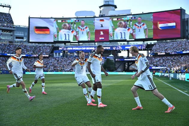 Germany v Paraguay - FIFA World Cup, WM, Weltmeisterschaft, Fussball 2026 - Round of 32 FOXBOROUGH, USA - JUNE 29: Jonathan Tah of Germany celebrates with teammates after scoring a goal, which was disallowed by the VAR, during the 2026 FIFA World Cup Round of 32 match between Germany and Paraguay at Boston Stadium (Gillette Stadium) in Foxborough, Massachusetts, United States on June 29, 2026. Abdulhamid Hosbas Anadolu Massachusetts United States. Editorial use only. Please get in touch for any other usage.  Copyright: x2026xAnadoluxAbdulhamidxHosbasx