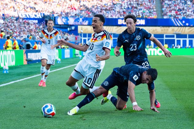 Junior Alonso (Paraguay, 6) foult Jamal Musiala (Germany, 10) FIFA World Cup, WM, Weltmeisterschaft, Fussball 2026: Deutschland v Paraguay 29 June 2026, FIFA World Cup 2026: Germany v Paraguay (Round of 32) at Boston Stadium in Foxborough, Massachusetts, USA *** Junior Alonso (Paraguay), 6, fouls Jamal Musiala (Germany), 10. 2026 FIFA World Cup: Germany vs. Paraguay, June 29, 2026. 2026 FIFA World Cup: Germany vs. Paraguay, Round of 32, at Boston Stadium in Foxborough, Massachusetts, USA Copyright: HMBxMedia xMarcoxBader