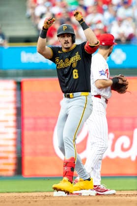 Pittsburgh Pirates Konnor Griffin gestures at second base after hitting a double in the third inning of a baseball game against the Philadelphia Phillies Monday, June 29, 2026, in Philadelphia.  PHI20260629006 LaurencexKesterson