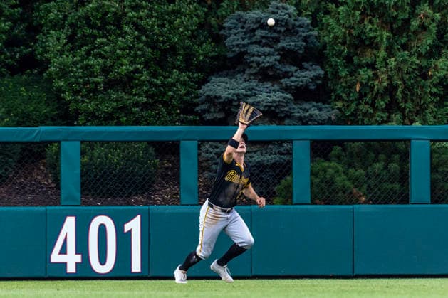 Pittsburgh Pirates left fielder Jake Mangum reaches for a sacrifice fly from Philadelphia Phillies designated hitter Kyle Schwarber during the third inning Monday, June 29, 2026, in Philadelphia.  PHI20260629008 LaurencexKesterson