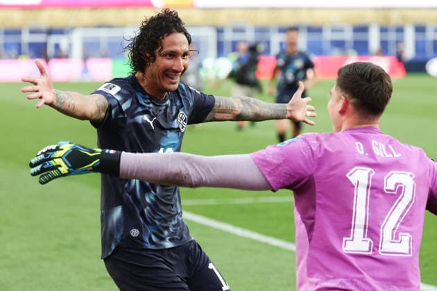 Jose Canale of Paraguay celebrates scoring the winning penalty with Orlando Gill of Paraguay and winning the match after 1-1 draw at the FIFA World Cup, WM, Weltmeisterschaft, Fussball 2026 last 32 match between Germany and Paraguay at Gillette Stadium, Boston, USA on 29 June 2026. Copyright: xPeterxDovganx 45200027