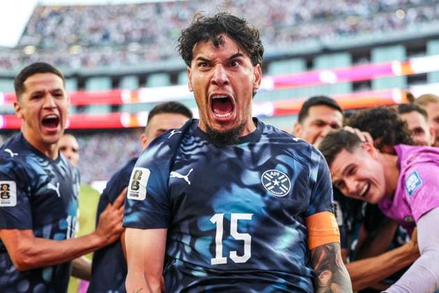 RECORD DATE NOT STATED FIFA World Cup, WM, Weltmeisterschaft, Fussball 2026 - Round of 32 - Germany v Paraguay Gustavo Gomez player of Paraguay celebrates Paraguay s 4 3 penalty shootout victory over Germany, securing the team s place in the Round of 16 during the FIFA World Cup 2026 Round of 32 match at Boston Stadium, in Foxborough, United States, on Monday, June 29, 2026.(Foto: William Volcov Brazil Photo Press IMAGO) Sports Foxborough MA United States of America Copyright: xWILLIAMxVOLCOVx