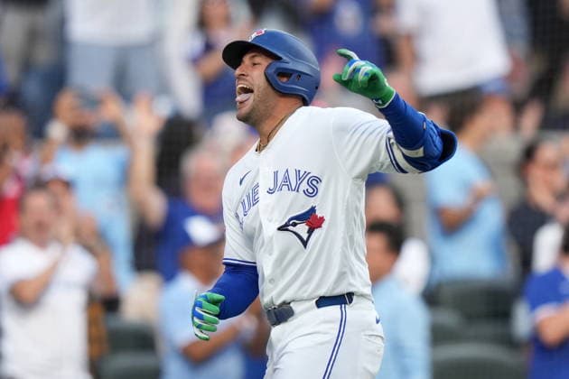June 29, 2026, Toronto, On, CANADA: Toronto Blue Jays designated hitter George Springer (4) reacts after hitting a triple on an in-field home run after a fielding error by New York Mets A.J. Ewing during first inning American League MLB, Baseball Herren, USA baseball action in Toronto, Monday, June 29, 2026. Canada News - June 29, 2026  - ZUMAc35_ 20260629_zaf_c35_086 Copyright: xNathanxDenettex
