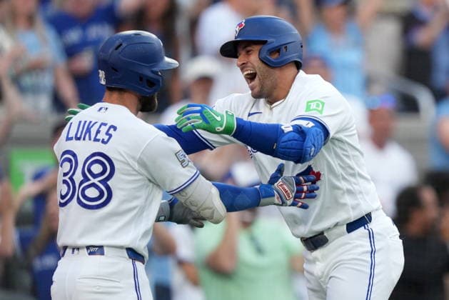 June 29, 2026, Toronto, On, CANADA: Toronto Blue Jays designated hitter George Springer (4) celebrates with teammate Nathan Lukes (38) as he comes in to score after hitting a triple on an in-field home run after a fielding error by New York Mets A.J. Ewing during first inning American League MLB, Baseball Herren, USA baseball action in Toronto, Monday, June 29, 2026. Canada News - June 29, 2026  - ZUMAc35_ 20260629_zaf_c35_089 Copyright: xNathanxDenettex
