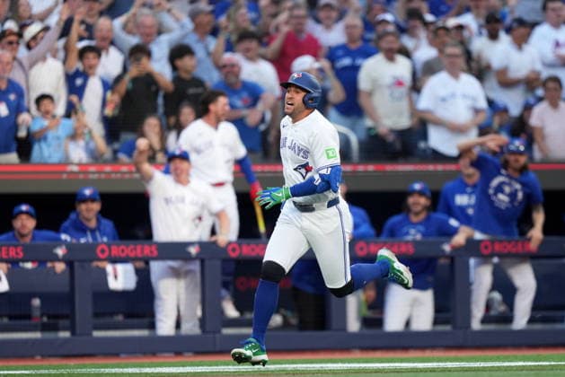 June 29, 2026, Toronto, On, CANADA: Toronto Blue Jays designated hitter George Springer (4) runs home after hitting a triple on an in-field home run after a fielding error by New York Mets A.J. Ewing during first inning American League MLB, Baseball Herren, USA baseball action in Toronto, Monday, June 29, 2026. Canada News - June 29, 2026  - ZUMAc35_ 20260629_zaf_c35_091 Copyright: xNathanxDenettex