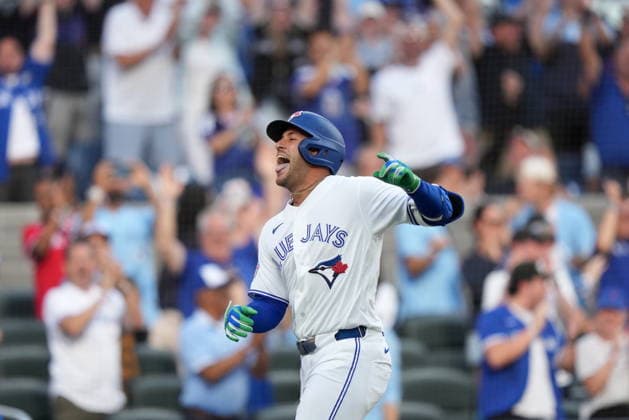 June 29, 2026, Toronto, On, CANADA: Toronto Blue Jays designated hitter George Springer (4) reacts after hitting a triple on an in-field home run after a fielding error by New York Mets A.J. Ewing during first inning American League MLB, Baseball Herren, USA baseball action in Toronto, Monday, June 29, 2026. Canada News - June 29, 2026  - ZUMAc35_ 20260629_zaf_c35_092 Copyright: xNathanxDenettex