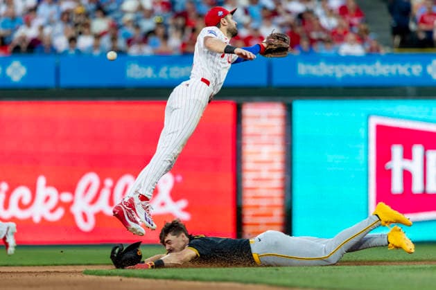 Pittsburgh Pirates Konnor Griffin is safe at second as Philadelphia Phillies shortstop Trea Turner misses the throw during the fifth inning of a baseball game Monday, June 29, 2026, in Philadelphia.  PHI20260629010 LaurencexKesterson