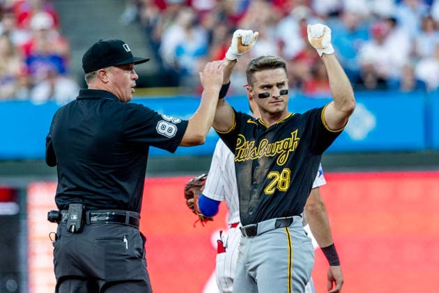 Pittsburgh Pirates Jake Mangum gestures from second after hitting a double in the fifth inning of a baseball game against the Philadelphia Phillies Monday, June 29, 2026, in Philadelphia.  PHI20260629011 LaurencexKesterson