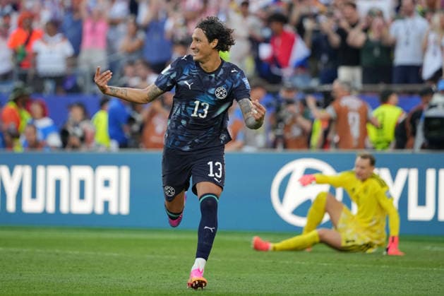 IPA86224808 - Jose Canale of Paraguay celebrates after scoring the decisive penalty kick during the Round of 32 match between Germany and Paraguay at the FIFA World Cup, WM, Weltmeisterschaft, Fussball in Boston, USA, on June 29, 2026  Copyright: xEmmanuelexMastrodonato IPAxSportx xx 86224808