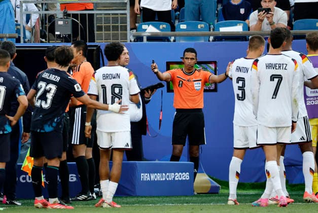FOXBOROUGH, MA - JUNE 29: Referee Jalal Jayed of Morocco asks for calm before announcing a VAR finding during a FIFA World Cup, WM, Weltmeisterschaft, Fussball 2026 Round of 32 match between Germany and Paraguay on June 29, 2026 at Boston Stadium in Foxborough, Massachusetts. (Photo by Fred Kfoury III Icon Sportswire) SOCCER: JUN 29 FIFA World Cup 26 Round of 32 - Germany v Paraguay EDITORIAL USE ONLY Icon482260629041