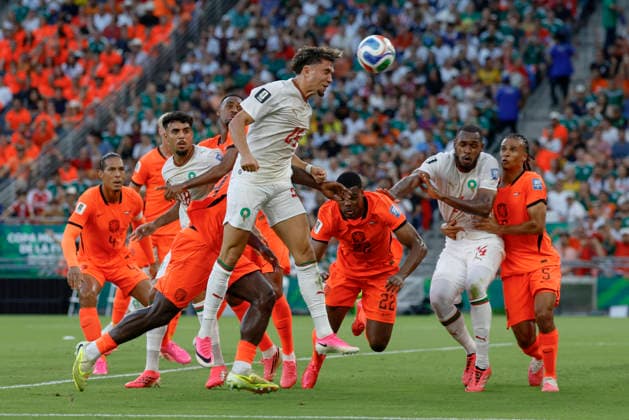 June 29, 2026, Guadalupe, Nuevo Leon, Mexico: N. Aynaoui (Front) of Morocco heads the ball, during the match between Netherlands and Morocco in the Round of 32 of the FIFA World Cup, WM, Weltmeisterschaft, Fussball 2026, at Monterrey Stadium. FIFA World Cup 2026: Netherlands Vs Morocco  - ZUMAo125 20260629_zip_o125_015 Copyright: xAntonioxOjedax
