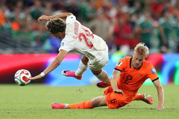 2026-06-30 Netherlands v Morocco - Round Of 32 - FIFA World Cup, WM, Weltmeisterschaft, Fussball 2026 GUADALUPE, MEXICO - JUNE 29: Neil El Aynaoui of Morocco, Jan Paul van Hecke of Holland during the Round Of 32 - FIFA World Cup 2026 match between Netherlands and Morocco at Monterrey Stadium on June 29, 2026 in Guadalupe, Nuevo Leon. (Photo by BSR Agency) Guadalupe Mexico Content not available for redistribution in The Netherlands directly or indirectly through any third parties. Copyright: xBSRxAgencyx