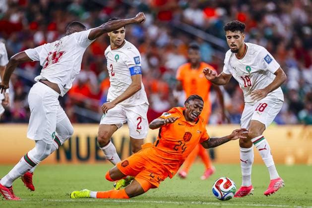MONTERREY, 29-06-2026, Monterrey Stadium, Match between Morocco and The Netherlands during the World Cup 2026. Picture shows m02 , Netherlands player Crysencio Summerville , Morocco player Chadi Riad Morocco - The Netherlands (World Cup 2026)  x204748208x Copyright: