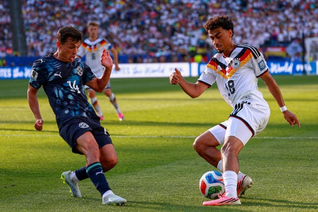 June 29, 2026, Foxborough, Massachusetts, USA: NATHANIEL BROWN of Germany cuts the ball back during the 2026 FIFA World Cup, WM, Weltmeisterschaft, Fussball Round of 32 game at Boston Stadium in Massachusetts on June 29, 2026. Foxborough USA - ZUMAm283 20260629_zsp_m283_034 Copyright: xBillyxMyersx