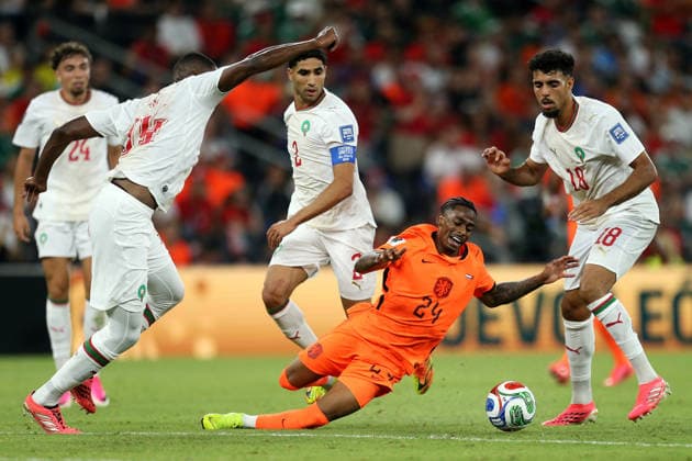 2026-06-29 Netherlands v Morocco - Round Of 32 - FIFA World Cup, WM, Weltmeisterschaft, Fussball 2026 GUADALUPE, MEXICO - JUNE 29: Issa Diop of Morocco, Achraf Hakimi of Morocco, Crysencio Summerville of Holland, Chadi Riad of Morocco during the Round Of 32 - FIFA World Cup 2026 match between Netherlands and Morocco at Monterrey Stadium on June 29, 2026 in Guadalupe, Nuevo Leon. (Photo by BSR Agency) Guadalupe Mexico Content not available for redistribution in The Netherlands directly or indirectly through any third parties. Copyright: xBSRxAgencyx