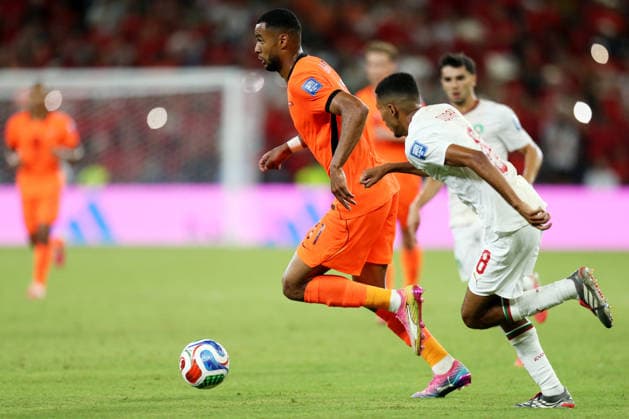 2026-06-29 Netherlands v Morocco - Round Of 32 - FIFA World Cup, WM, Weltmeisterschaft, Fussball 2026 GUADALUPE, MEXICO - JUNE 29: Cody Gakpo of Holland, Azzedine Ounahi of Morocco during the Round Of 32 - FIFA World Cup 2026 match between Netherlands and Morocco at Monterrey Stadium on June 29, 2026 in Guadalupe, Nuevo Leon. (Photo by BSR Agency) Guadalupe Mexico Content not available for redistribution in The Netherlands directly or indirectly through any third parties. Copyright: xBSRxAgencyx