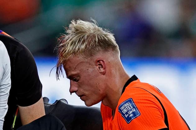 June 29, 2026, Monterrey, Mexico: A drop of blood is seen on the face of Jan Paul van Hecke from the Netherlands during the match between Netherlands and Morocco for the round 32 of the FIFA World Cup, WM, Weltmeisterschaft, Fussball 2026 at Monterrey Stadium on June 29, 2026 in Monterrey, Mexico. Photo: DiaEsportivo FIFA World Cup 2026, Netherlands Vs Morocco, Monterrey, Mexico  - ZUMAh208 20260629_zsp_h208_002 Copyright: xHeulerxAndreyx