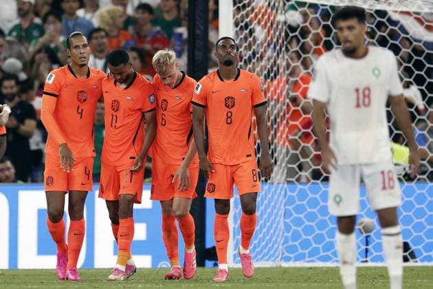 MONTERREY - Players of the Dutch national team, Nationalteam celebrate Cody Gakpo s 1-0 during the 2026 FIFA World Cup, WM, Weltmeisterschaft, Fussball knockout phase match between the Netherlands and Morocco at the Monterrey Stadium on June 29, 2026, in Monterrey, Mexico. ROBIN VAN LONKHUIJSEN ANP FIFA World Cup 2026 - round of 32 2026 xVIxANPxSportx xxANPxIVx 562419073 originalFilename: 562419073.jpg