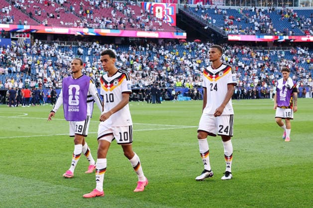 FOXBOROUGH, MASSACHUSETTS - JUNE 29: Jamal Musiala and Malick Tillman of Germany walks off the pitch with a dejected look after the FIFA World Cup, WM, Weltmeisterschaft, Fussball 2026 Round of 32 match between Germany and Paraguay at Boston Stadium on June 29, 2026 in Foxborough, Massachusetts.  Copyright: xWuxZhizhaox 111651327710