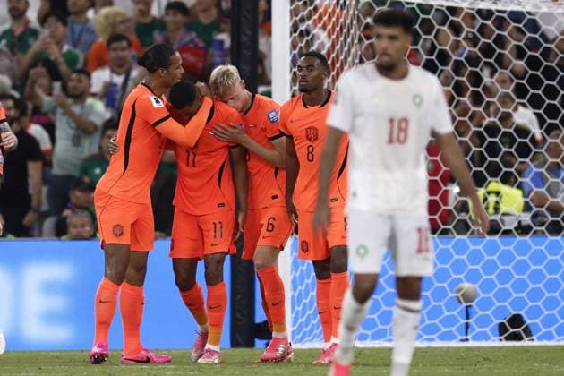 MONTERREY - Players of the Dutch national team, Nationalteam celebrate Cody Gakpo s 1-0 during the 2026 FIFA World Cup, WM, Weltmeisterschaft, Fussball knockout phase match between the Netherlands and Morocco at the Monterrey Stadium on June 29, 2026, in Monterrey, Mexico. ROBIN VAN LONKHUIJSEN ANP FIFA World Cup 2026 - round of 32 2026 xVIxANPxSportx xxANPxIVx 562419104 originalFilename: 562419104.jpg