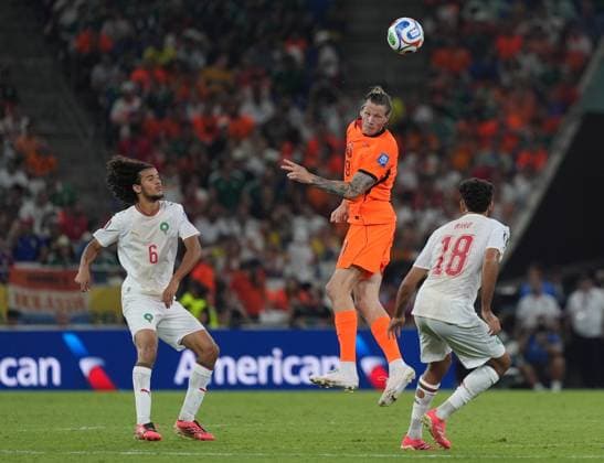 Netherlands v Morocco - FIFA World Cup, WM, Weltmeisterschaft, Fussball 2026 - Round of 32 MONTERREY, MEXICO - JUNE 29: Wout Weghorst (9) of Netherlands in action against Chadi Riad (18) and Ayyoub Bouaddi (&) of Morocco during the 2026 FIFA World Cup Round of 32 match between Netherlands and Morocco at Estadio BBVA (Monterrey Stadium) in Monterrey, Mexico on June 29, 2026. Juancho Torres Anadolu Nuevo Leon Mexico. Editorial use only. Please get in touch for any other usage.  Copyright: x2026xAnadoluxJuanchoxTorresx