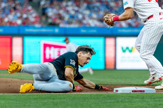 Pittsburgh Pirates Konnor Griffin is safe at at third before Philadelphia Phillies third baseman Alec Bohm, right, can make the tag during the fifth inning of a baseball game Monday, June 29, 2026, in Philadelphia.  PHI20260629019 LaurencexKesterson