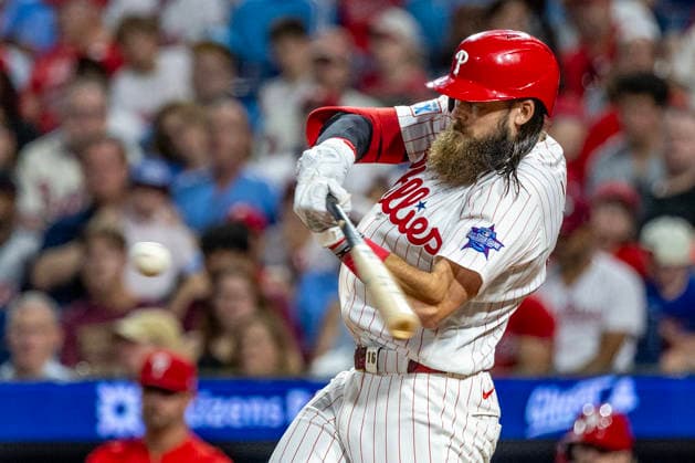 Philadelphia Phillies Brandon Marsh hits a solo home run during the eighth inning of a baseball game against the Pittsburgh Pirates, Monday, June 29, 2026, in Philadelphia.  PHI20260629018 LaurencexKesterson