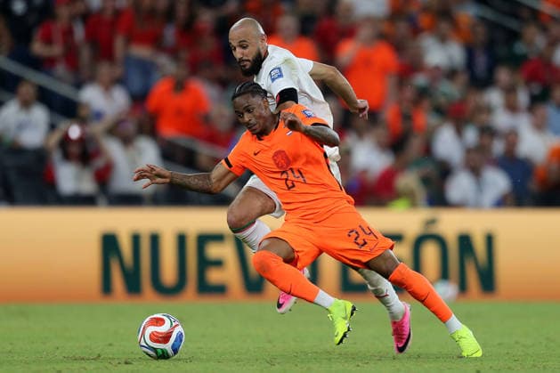 2026-06-29 Netherlands v Morocco - Round Of 32 - FIFA World Cup, WM, Weltmeisterschaft, Fussball 2026 GUADALUPE, MEXICO - JUNE 29: Noussair Mazraoui of Morocco, Crysencio Summerville of Holland during the Round Of 32 - FIFA World Cup 2026 match between Netherlands and Morocco at Monterrey Stadium on June 29, 2026 in Guadalupe, Nuevo Leon. (Photo by BSR Agency) Guadalupe Mexico Content not available for redistribution in The Netherlands directly or indirectly through any third parties. Copyright: xBSRxAgencyx