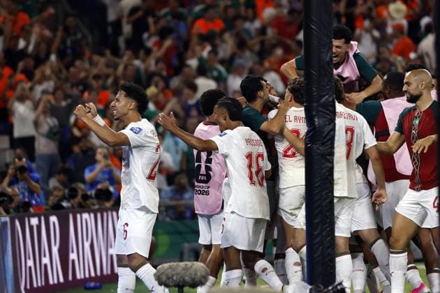 MONTERREY - Moroccan players celebrate the 1-1 during the 2026 FIFA World Cup, WM, Weltmeisterschaft, Fussball knockout phase match between the Netherlands and Morocco at Monterrey Stadium on June 29, 2026, in Monterrey, Mexico. ROBIN VAN LONKHUIJSEN ANP FIFA World Cup 2026 - round of 32 2026 xVIxANPxSportx xxANPxIVx 562420004 originalFilename: 562420004.jpg
