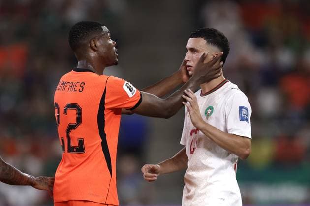 MONTERREY - (lr) Denzel Dumfries of the Netherlands, Bilal el Khannouss of Morocco during the 2026 FIFA World Cup, WM, Weltmeisterschaft, Fussball knockout phase match between the Netherlands and Morocco at the Monterrey Stadium on June 29, 2026, in Monterrey, Mexico. ROBIN VAN LONKHUIJSEN ANP FIFA World Cup 2026 - round of 32 2026 xVIxANPxSportx xxANPxIVx 562420182 originalFilename: 562420182.jpg