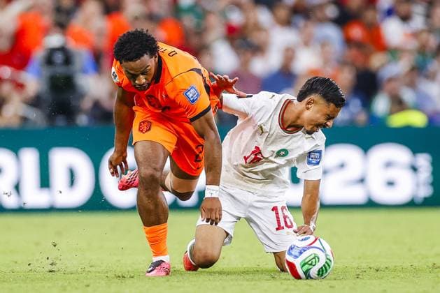 MONTERREY, 29-06-2026, Monterrey Stadium, Match between Morocco and The Netherlands during the World Cup 2026. Picture shows Netherlands player Quinten Timber , Morocco player Gessime Yassine Morocco - The Netherlands (World Cup 2026)  x204748769x Copyright: