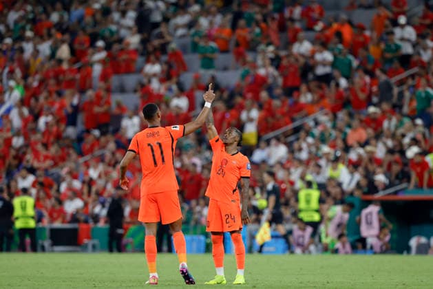 June 29, 2026, Guadalupe, Nuevo Leon, Mexico: C. Gakpo (L) and C. Summerville (R) of Netherlands celebrates a goal against Morocco, during the match between Netherlands and Morocco in the Round of 32 of the FIFA World Cup, WM, Weltmeisterschaft, Fussball 2026, at Monterrey Stadium. FIFA World Cup 2026: Netherlands Vs Morocco  - ZUMAo125 20260629_zip_o125_024 Copyright: xAntonioxOjedax